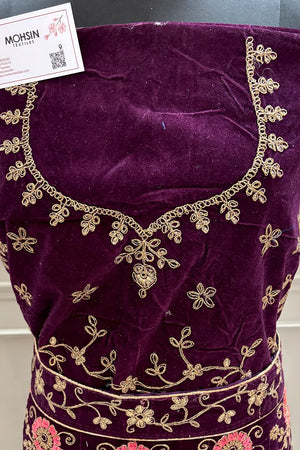 Wine and Orange Zariwork Semi Stitched Velvet Lahenga