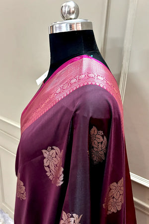 Wine and Pink Golden Zari Banarasi Silk Saree
