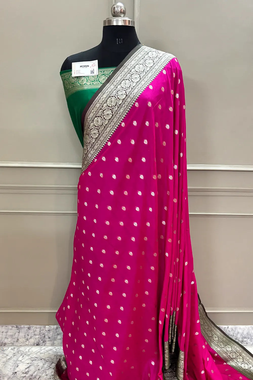 Pink and Green Rudraksha Buti Katan Silk Banarasi Saree
