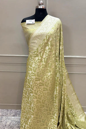 Pista Gulabi Jaal Katan Silk Banarasi Saree