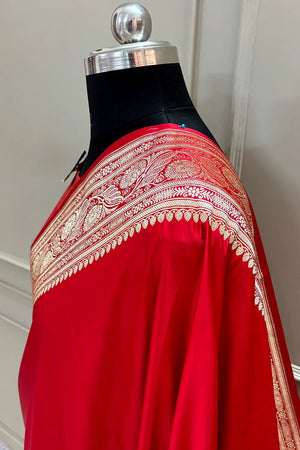 Red Royal Plain Katan Silk Banarasi Saree