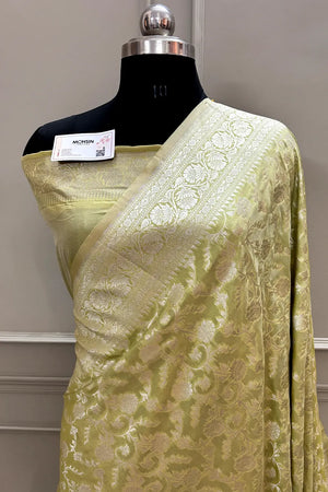 Pista Gulabi Jaal Katan Silk Banarasi Saree