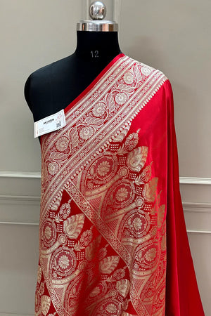 Red Royal Plain Katan Silk Banarasi Saree