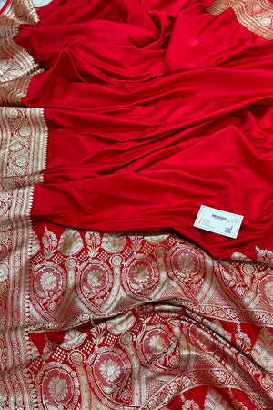 Red Royal Plain Katan Silk Banarasi Saree