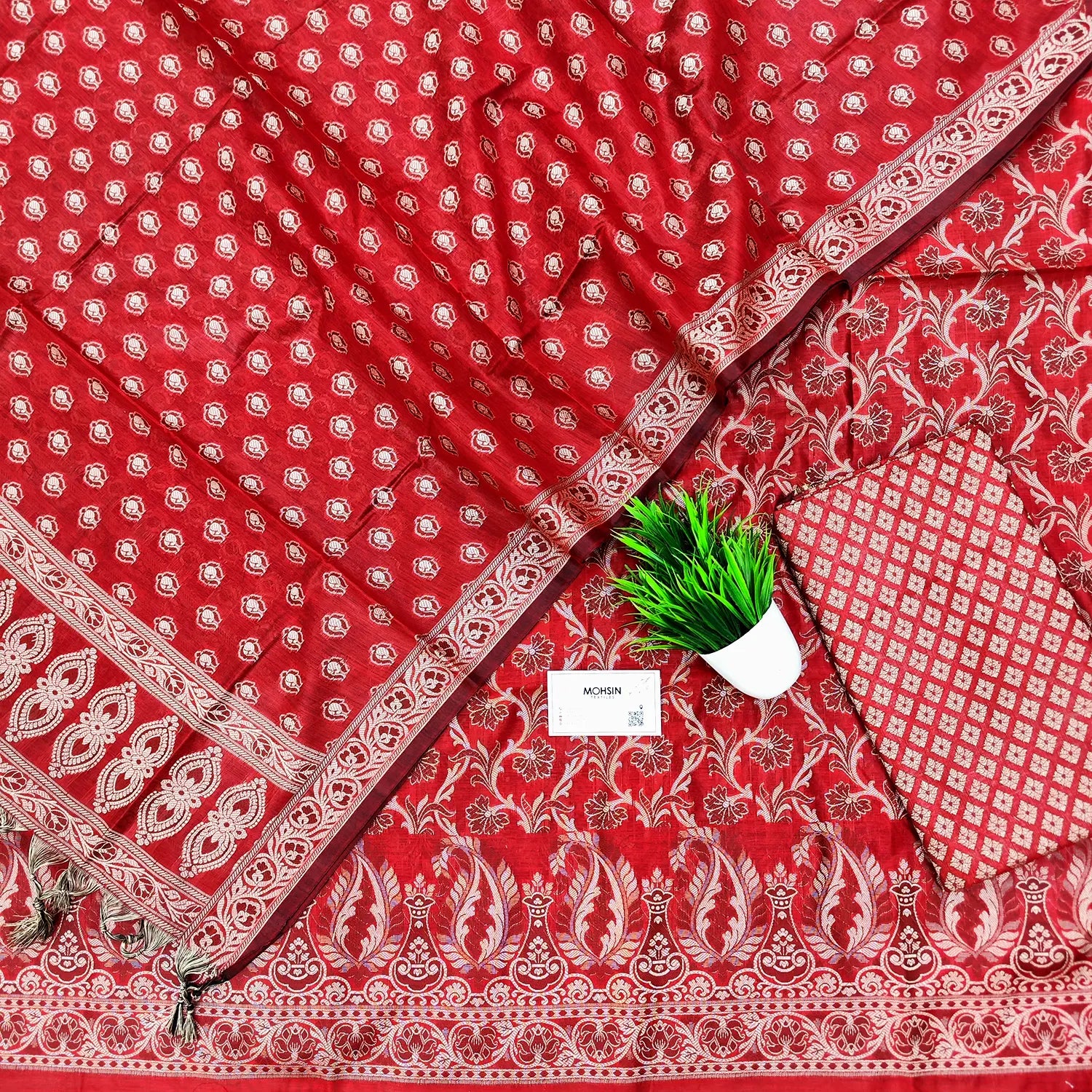 Red Surahi Jaal Cotton Silk Banarasi Suit