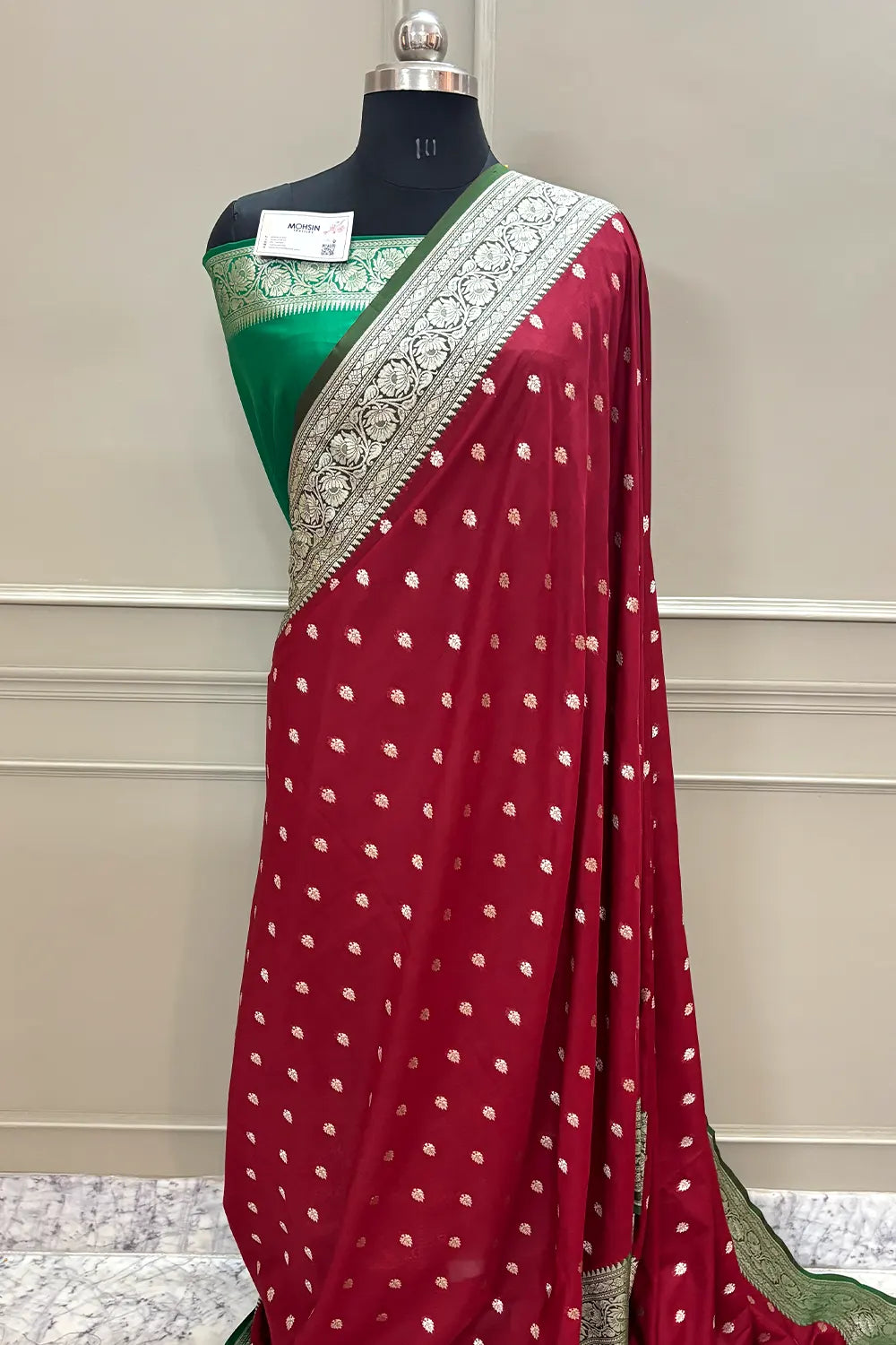 Maroon and Green Rudraksha Buti Katan Silk Banarasi Saree