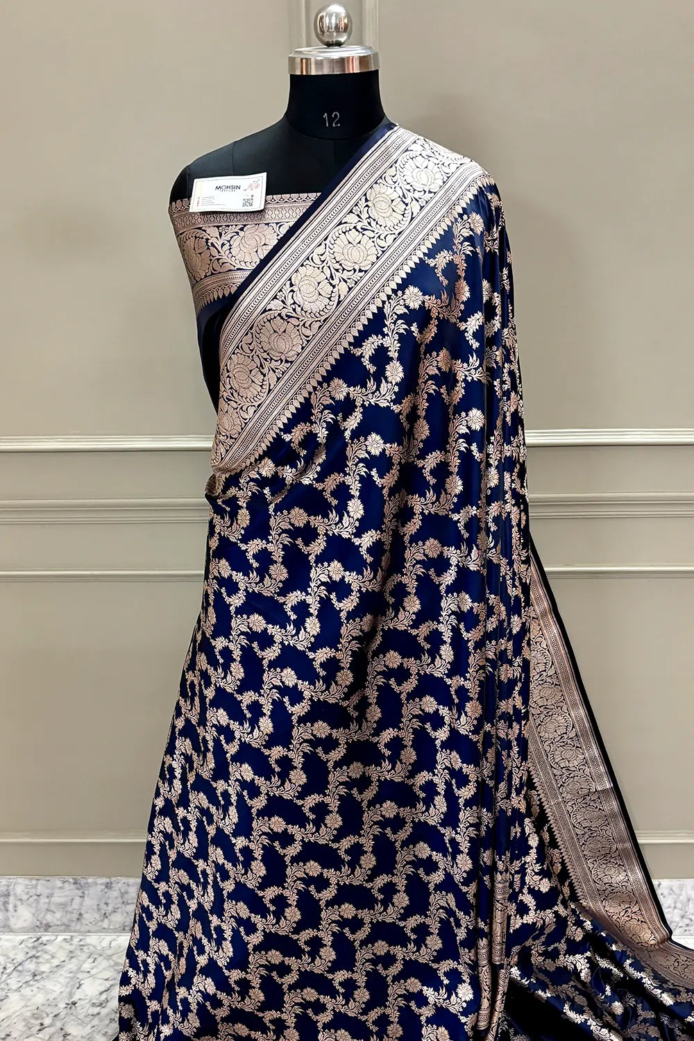Navy Blue Moglai Jaal Katan Silk Banarasi Saree