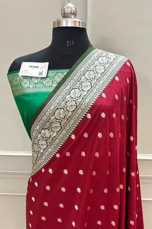 Maroon and Green Rudraksha Buti Katan Silk Banarasi Saree