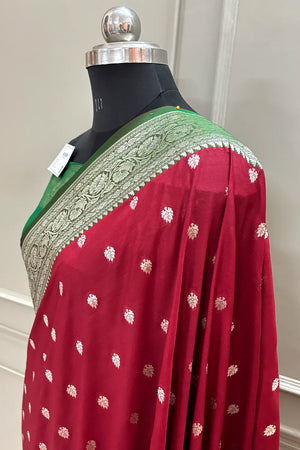Maroon and Green Rudraksha Buti Katan Silk Banarasi Saree