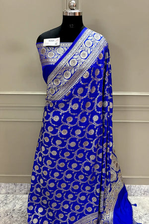 Royal Blue Murmuri Jaal Siroski Work Katan Silk Banarasi Saree