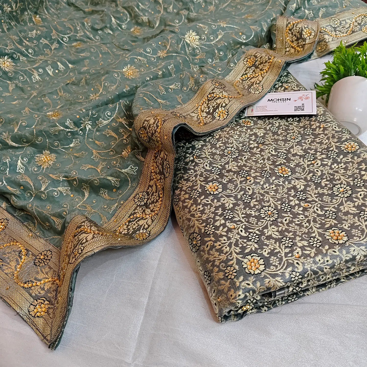 Grey Mint Stone Work Kimkhab Silk Banarasi Gharara