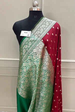 Maroon and Green Rudraksha Buti Katan Silk Banarasi Saree
