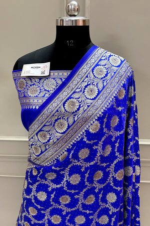 Royal Blue Murmuri Jaal Siroski Work Katan Silk Banarasi Saree