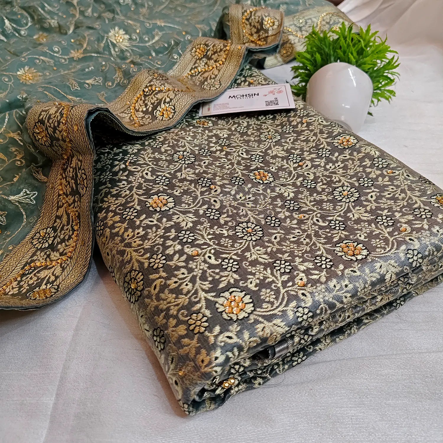 Grey Mint Stone Work Kimkhab Silk Banarasi Gharara