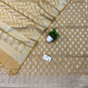 Beige Golden Zari Katan Silk Banarasi Suit
