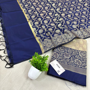 Beige and Navy Blue Gulkan Buti Satin Silk Banarasi Suit