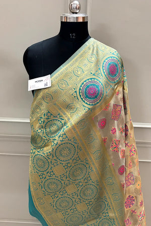 Beige and Teal Golden Zari Tissue Silk Banarasi Saree