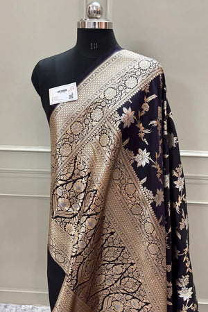 Black Jasmine Jaal Katan Silk Banarasi Saree