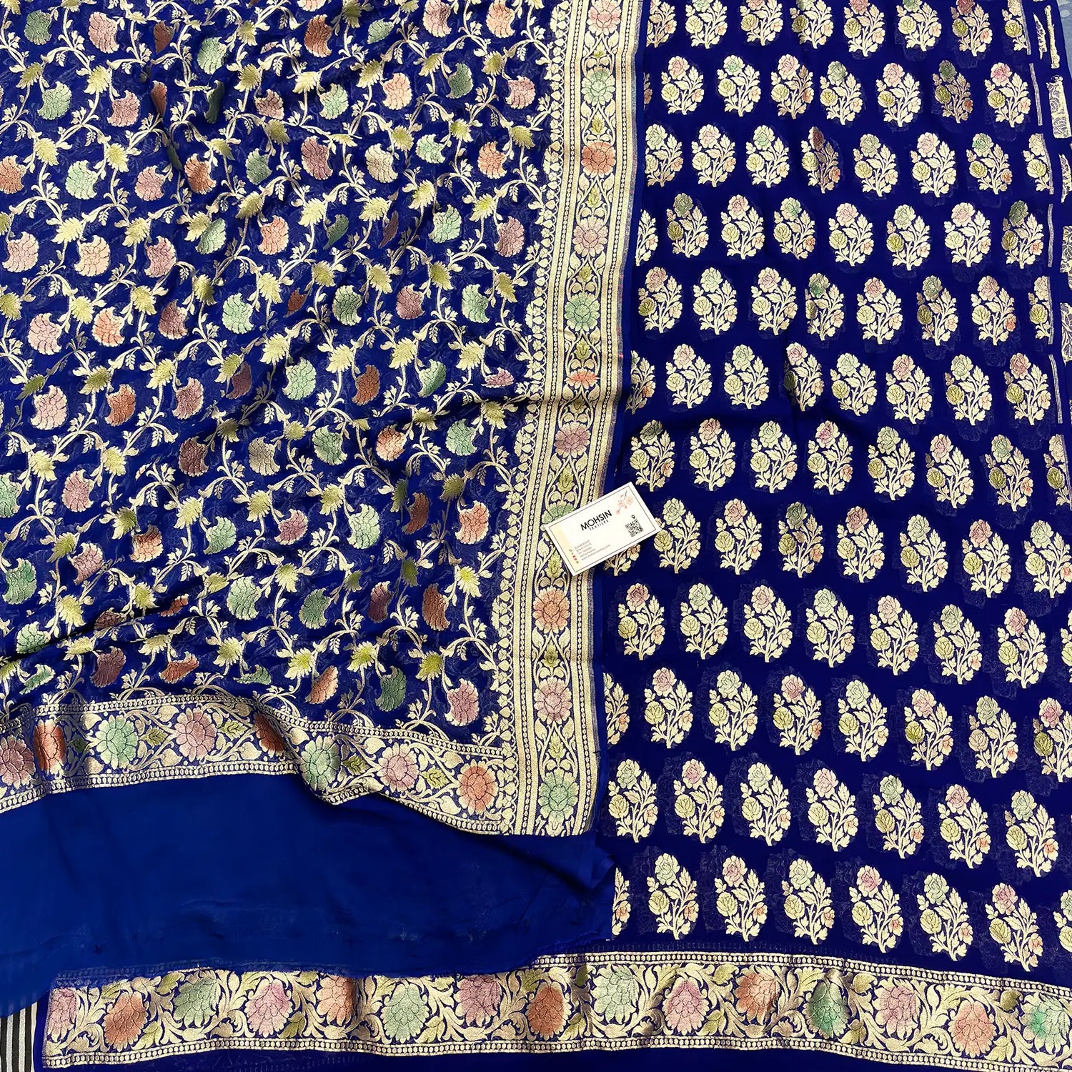 Blue Hand Brush Handloom Georgette Silk Banarasi Suit