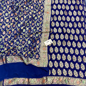 Blue Hand Brush Handloom Georgette Silk Banarasi Suit