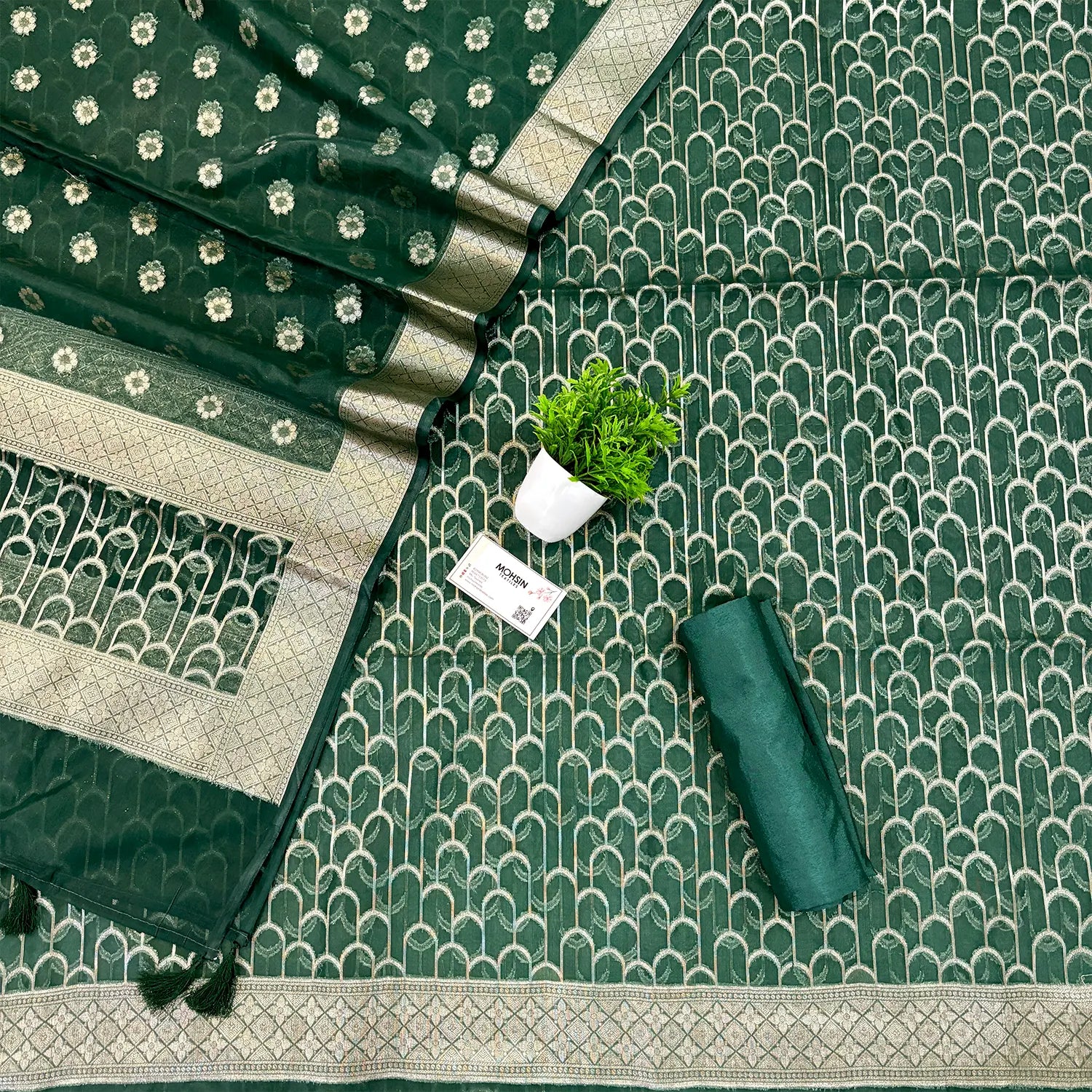 Bottle Green Cactus Jaal Organza Silk Banarasi Suit