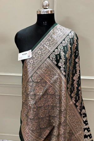 Bottle Green Golden Zari Katan Silk Banarasi Saree