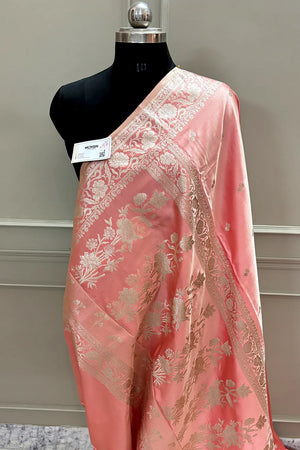 Dark Peach Babu Buti Katan Silk Banarasi Saree