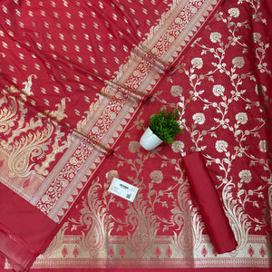 Dark Peach Golden Zari Katan Silk Banarasi Suit
