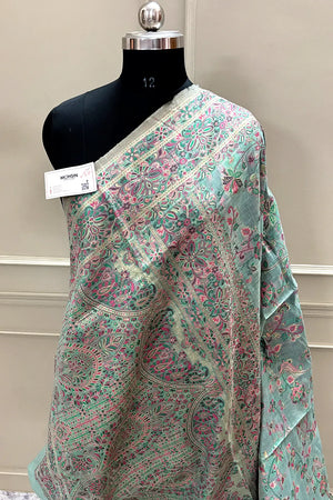 Firozi Printed Linen Silk Banarasi Saree