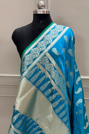 Firozi Unicorn Buti Katan Silk Banarasi Saree