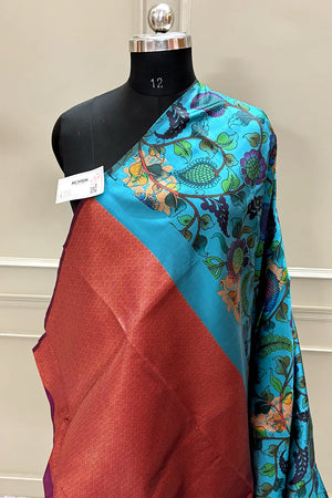 Firozi and Pink Printed Silk Saree