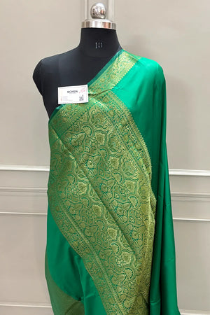 Green Plain Golden Zari Silky Banarasi Saree