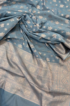 Grey Daab Buti Chanderi Silk Banarasi Saree