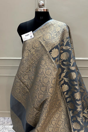 Grey Golden Zari Chanderi Silk Banarasi Saree