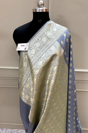 Grey Golden Zari Crepe Silk Banarasi Saree