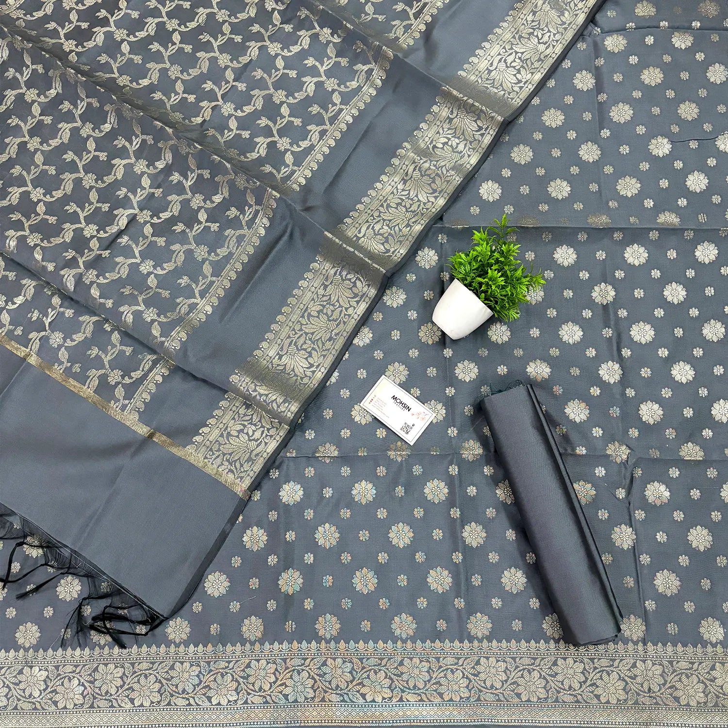 Grey Shaktiman Buti Satin Silk Banarasi Suit