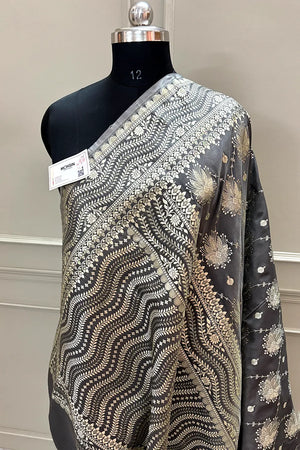 Grey Spider Jaal Katan Silk Banarasi Saree
