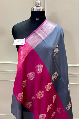 Grey and Pink Golden Zari Banarasi Silk Saree