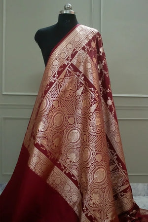Maroon Akbari Jaal Katan Silk Banarasi Saree