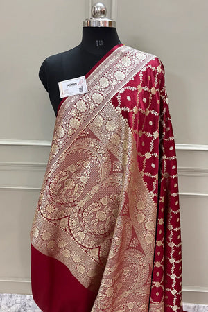 Maroon Qaidi Buti Katan Silk Banarasi Saree