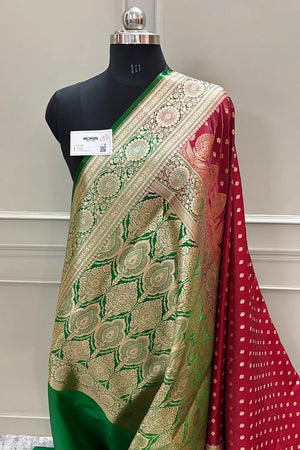 Maroon and Green Makkhi Buti Katan Silk Banarasi Saree