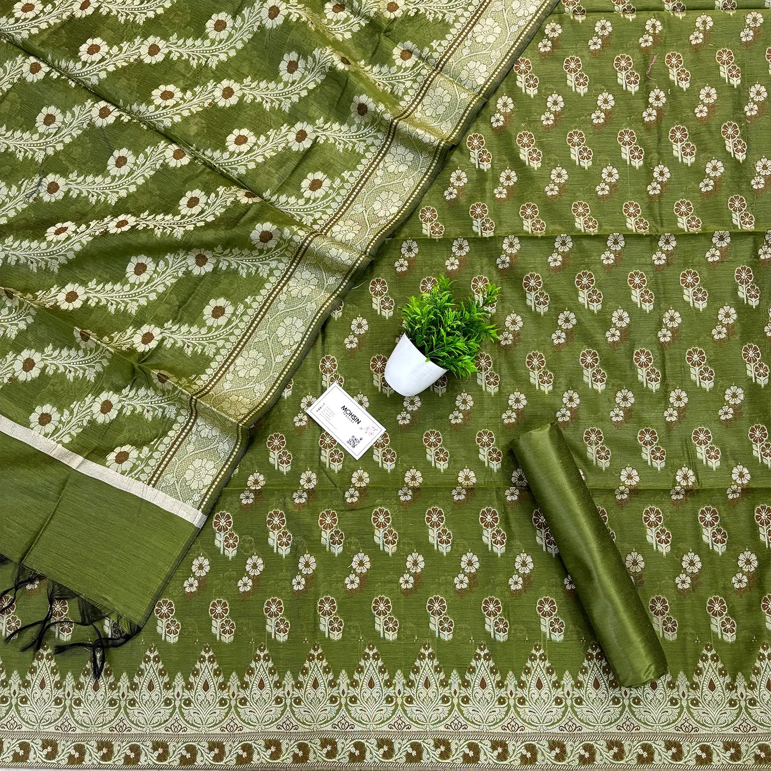 Mehendi Fan Flower Banarasi Silk Suit