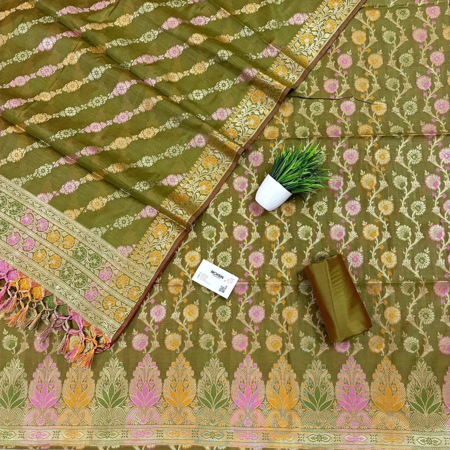 Mehendi Sindhuri Phool Resham Silk Banarasi Suit