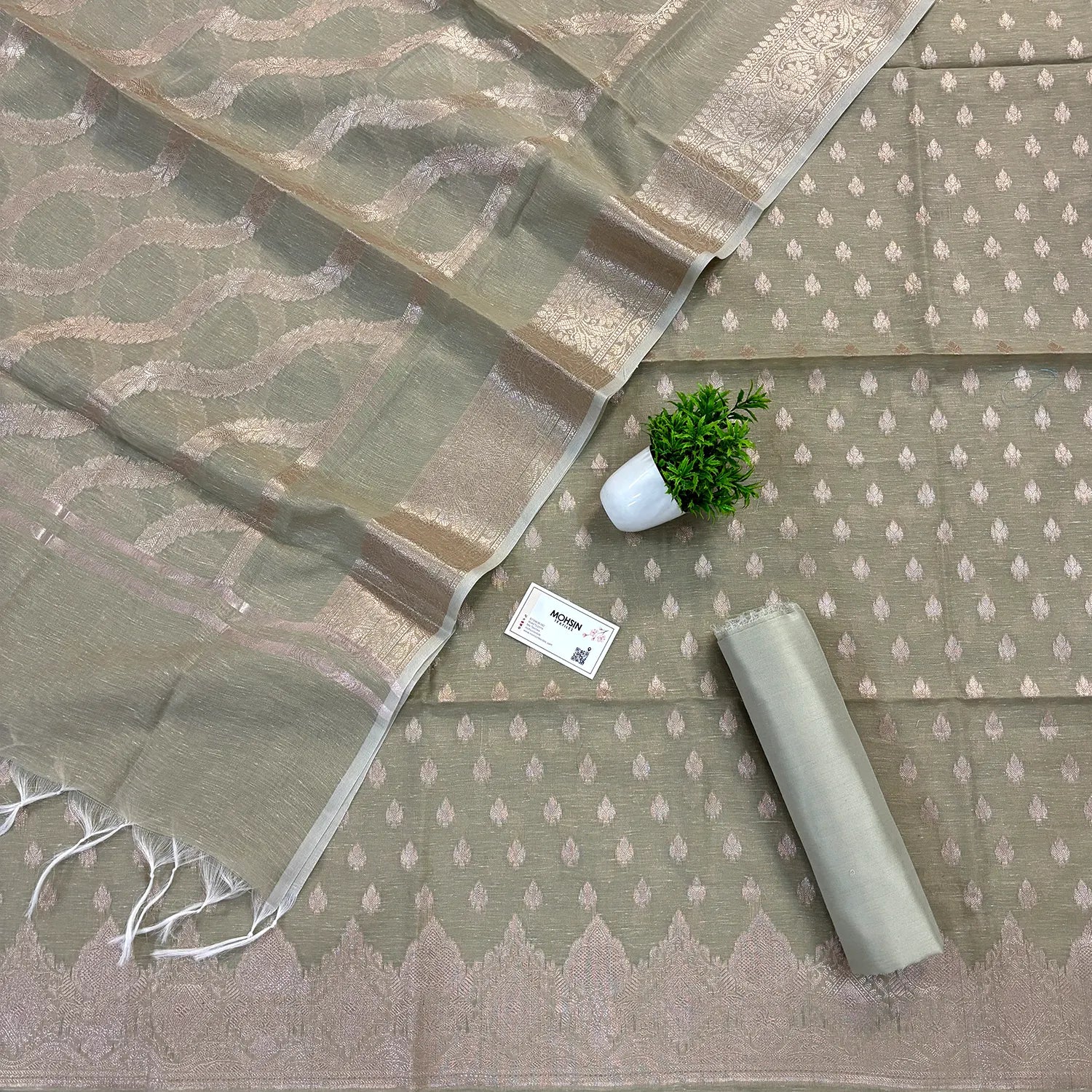 Mint Golden Zari Linen Silk Banarasi Suit