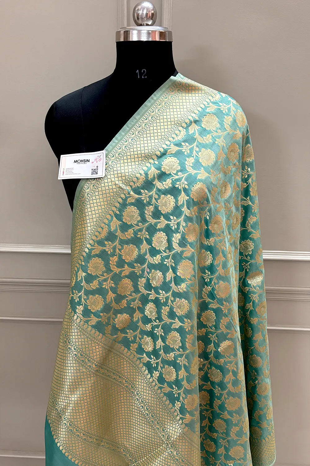 Mint Green Golden Zari Katan Silk Banarasi Dupatta