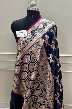Navy Blue Papakipari Katan Silk Banarasi Saree