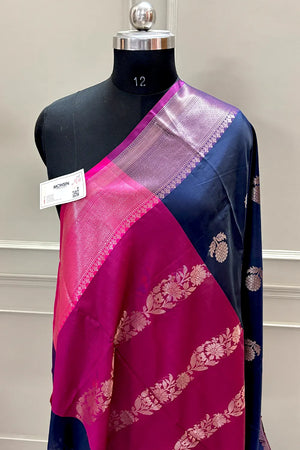 Navy Blue and Pink Golden Zari Banarasi Silk Saree