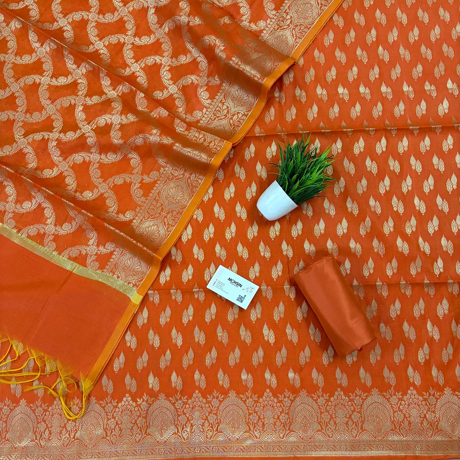 Orange Golden Zari Resham Silk Banarasi Suit