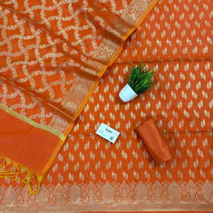 Orange Golden Zari Resham Silk Banarasi Suit