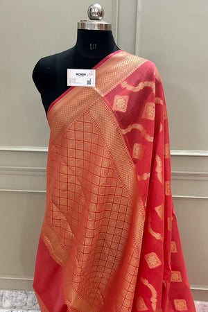 Peach Behti Ganga Chanderi Silk Banarasi Saree